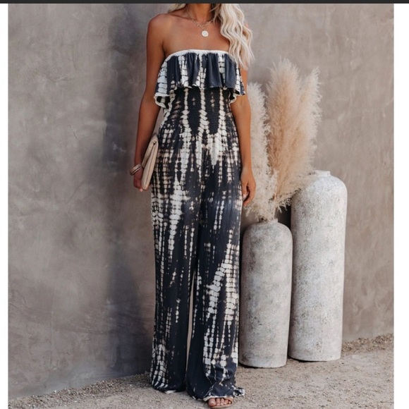 Promesa Pants - Promesa Ruffle Top Strapless Tie  Dye Jumpsuit